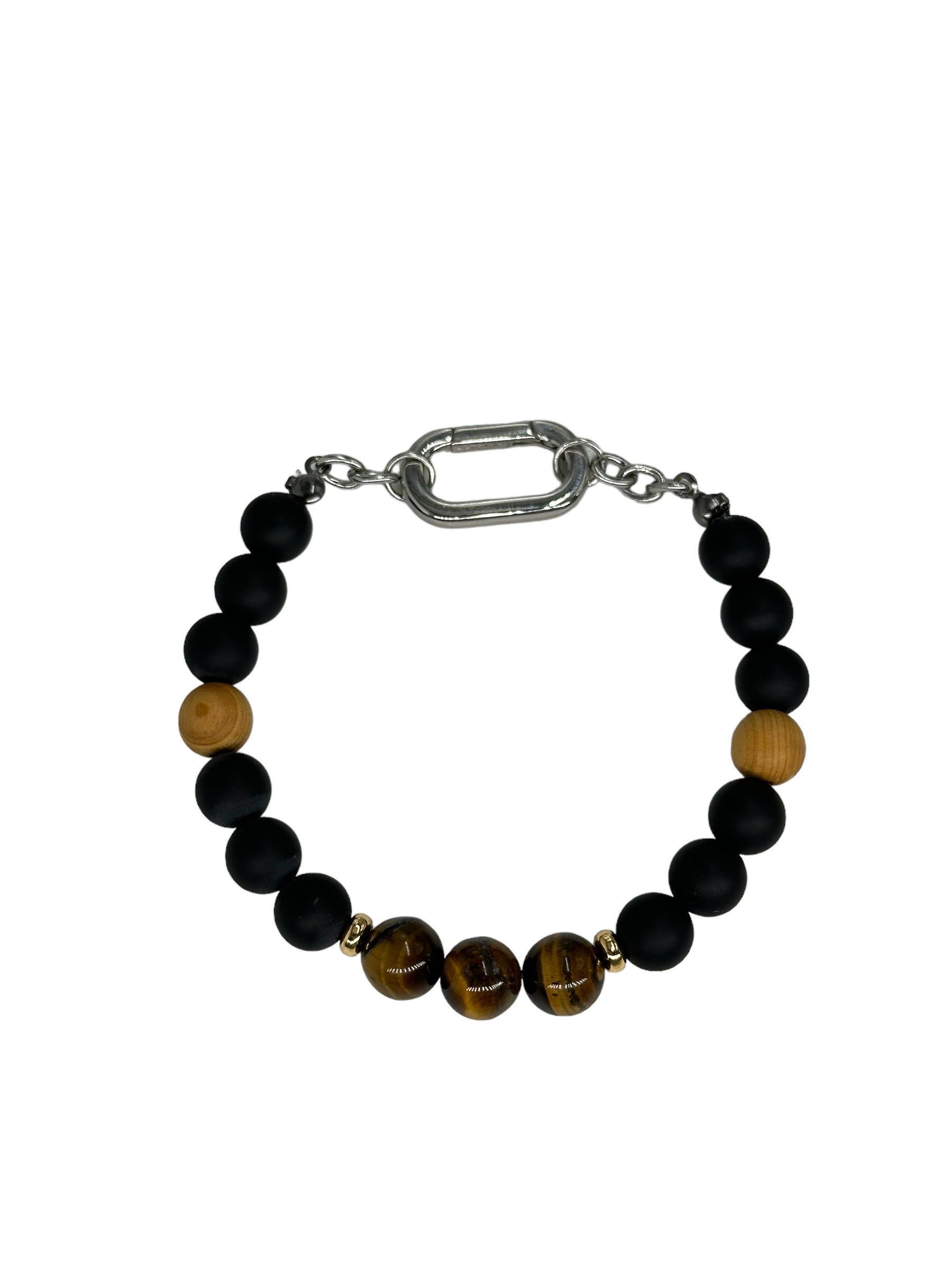 Bracciale da uomo con perle di occhio di tigre, Onice cera matt e legno.