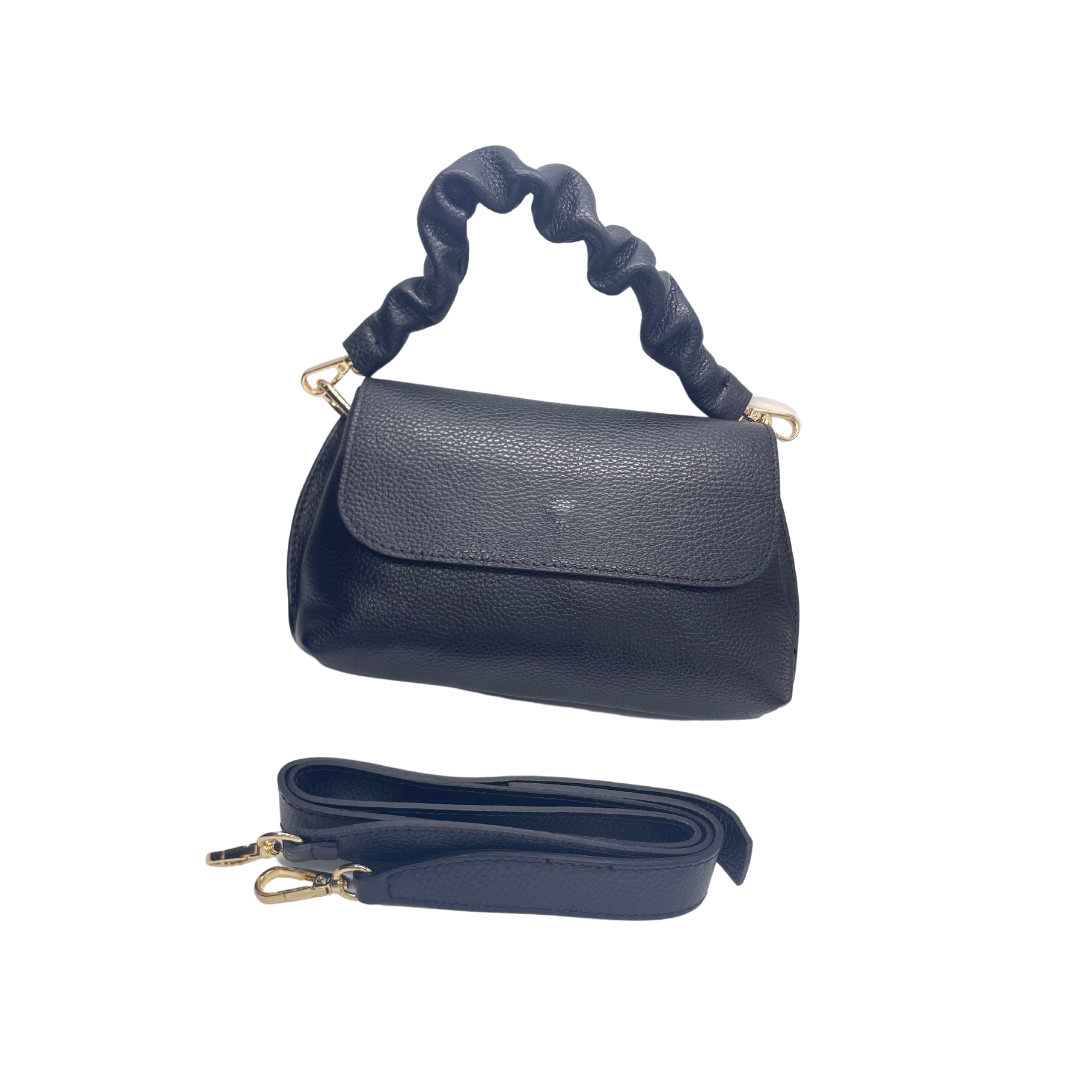 Borsa in pelle con pattina e manico plissettato