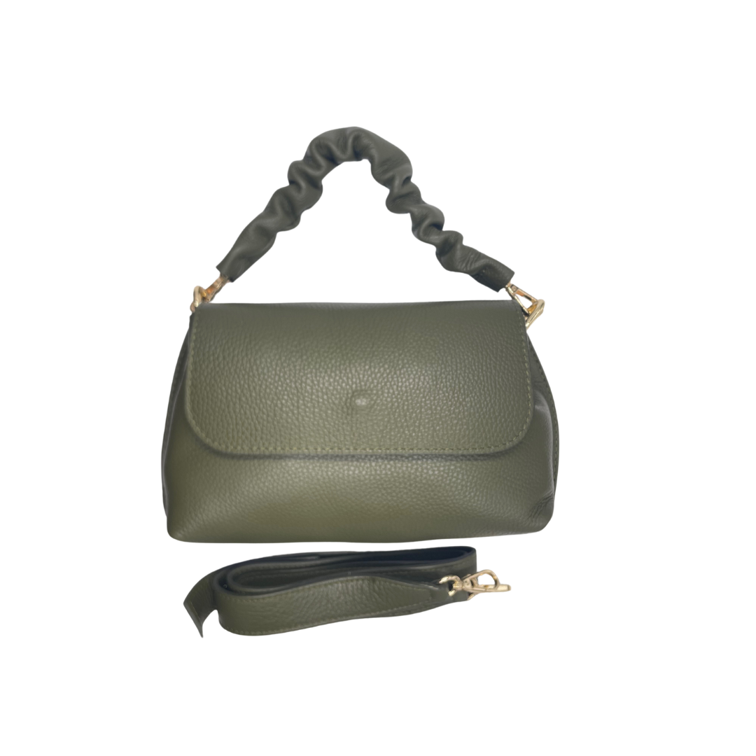 Borsa in pelle con pattina e manico plissettato