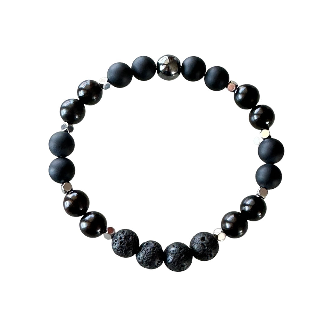 Bracciale elastico unisex con perle di onice nera, legno e pietra lavica