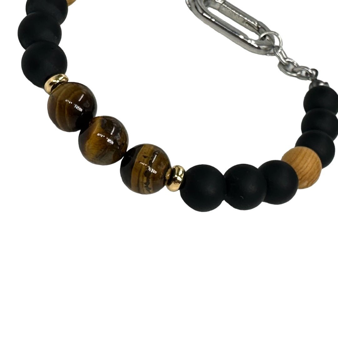 Bracciale da uomo con perle di occhio di tigre, Onice cera matt e legno.