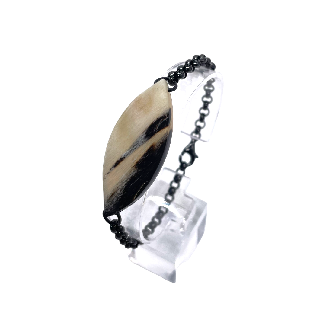 Bracciale da uomo in argento 925 nero con inserto in corno naturale striato